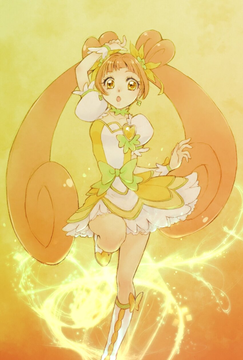 1girl aizen_(syoshiyuki) ankle_boots arms_up blunt_bangs boots bow brooch choker clover_earrings clubs_hands cure_rosetta dokidoki!_precure double_bun dress frills gradient_background green_bow green_choker hair_bun heart heart_brooch highres jewelry long_hair orange_eyes orange_hair precure very_long_hair waist_bow yellow_dress