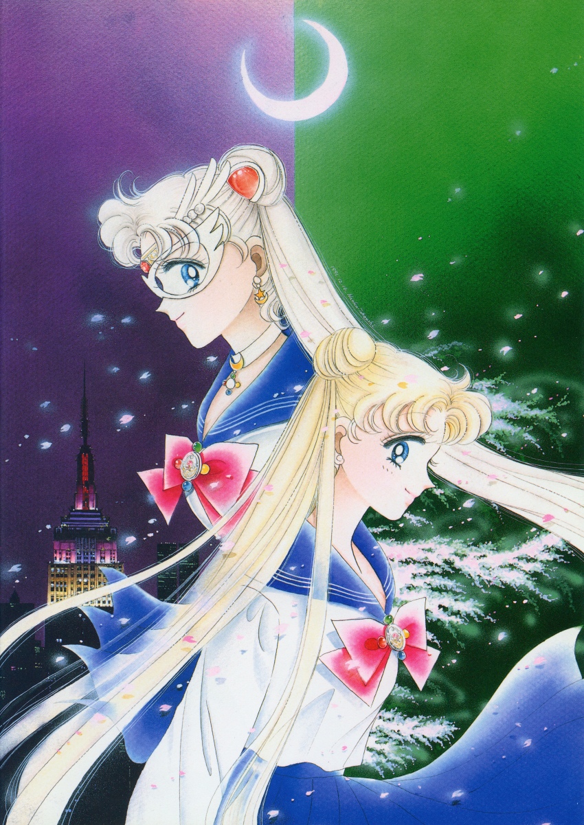 absurdres artbook bishoujo_senshi_sailor_moon blonde_hair blue_sailor_collar blue_skirt building choker closed_mouth crescent crescent_choker crescent_earrings double_bun dual_persona earrings from_side green_background hair_bun highres incredibly_absurdres jewelry long_hair magical_girl mask moon official_alternate_design official_art purple_background retro_artstyle sailor sailor_collar sailor_moon scan school_uniform skirt smile takeuchi_naoko tsukino_usagi very_long_hair white_choker white_hair white_mask