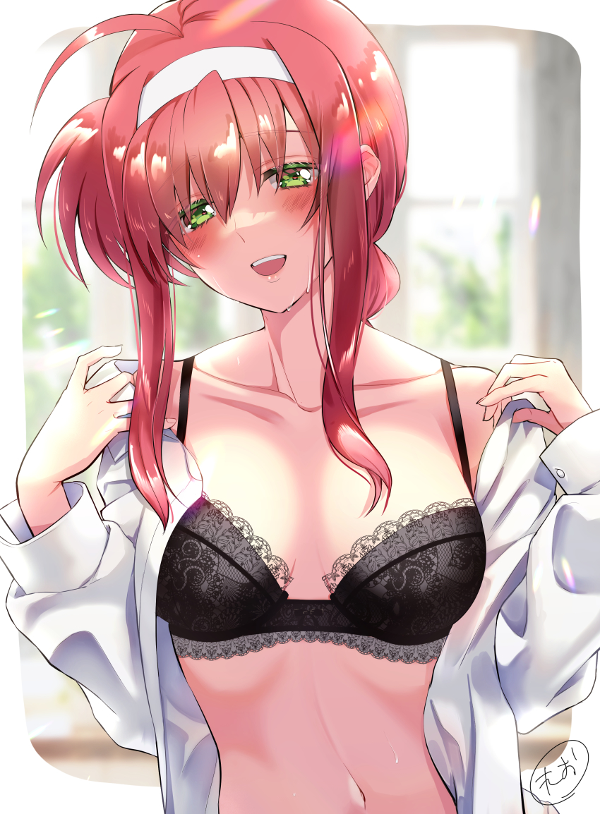 1girl absurdres amitie_florian black_bra blush bra breasts collarbone green_eyes hairband half-closed_eyes highres leonis_g looking_at_viewer lyrical_nanoha mahou_shoujo_lyrical_nanoha_a&#039;s mahou_shoujo_lyrical_nanoha_a&#039;s_portable:_the_gears_of_destiny medium_breasts open_mouth red_hair smile solo underwear upper_body
