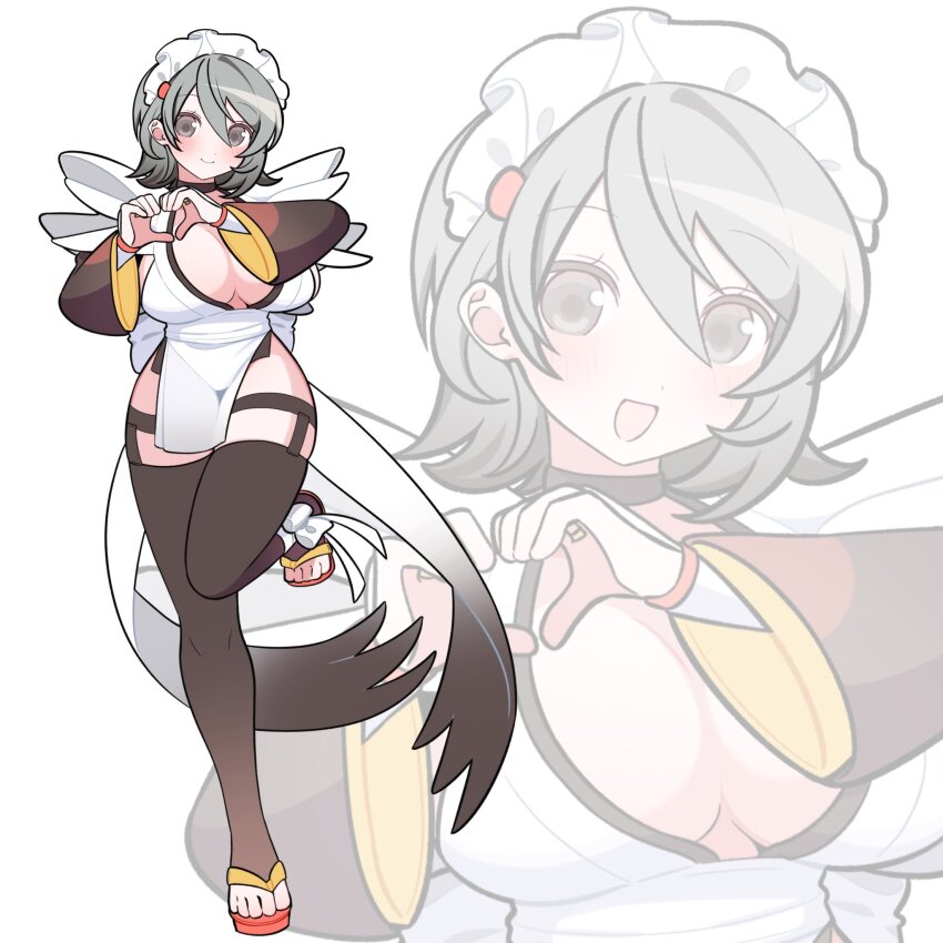 1girl apron bandages_over_clothes black_hair black_thighhighs blue_eyes blush breasts choker cleavage flipped_hair frilled_leotard frills hair_ornament heart heart_hands highres huge_breasts iroha_(samurai_spirits) japanese_clothes kotohatoko510 lace-trimmed_apron lace_trim large_breasts leotard looking_at_viewer maid maid_headdress maid_leotard open_mouth samurai_spirits short_hair smile snk solo thighhighs thighs toeless_legwear unconventional_maid