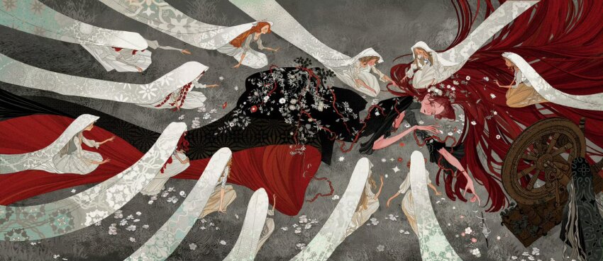 6+girls highres lying multiple_girls red_hair s_xing_guowang sleeping sleeping_beauty_(disney) sleeping_beauty_(fairy_tale) spinning_wheel thorns