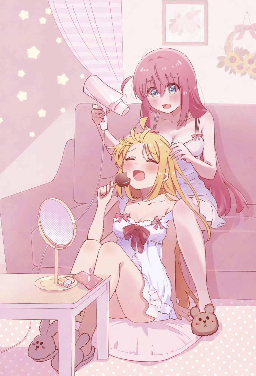 2girls absurdres ahoge alternate_hairstyle animal_slippers arm_support bear_slippers between_legs blonde_hair blue_eyes blush bocchi_the_rock! bow bow_chemise breasts brown_slippers bunny_slippers chemise choppy_bangs cleavage collarbone commentary_request couch cube_hair_ornament curtains drying drying_another&#039;s_hair drying_hair eating erinko604 food food_bite food_wrapper gotoh_hitori hair_between_eyes hair_down hair_dryer hair_ornament hand_up hands_up highres holding holding_food holding_hair_dryer holding_ice_cream ice_cream ice_cream_bar ijichi_nijika indoors knees_up large_breasts long_bangs long_hair mirror multiple_girls on_couch on_floor on_pillow open_mouth picture_frame pink_hair pink_slippers raised_inner_eyebrows sitting slice_of_life slippers star_(symbol) straight_hair unworn_hair_ornament very_long_hair white_chemise