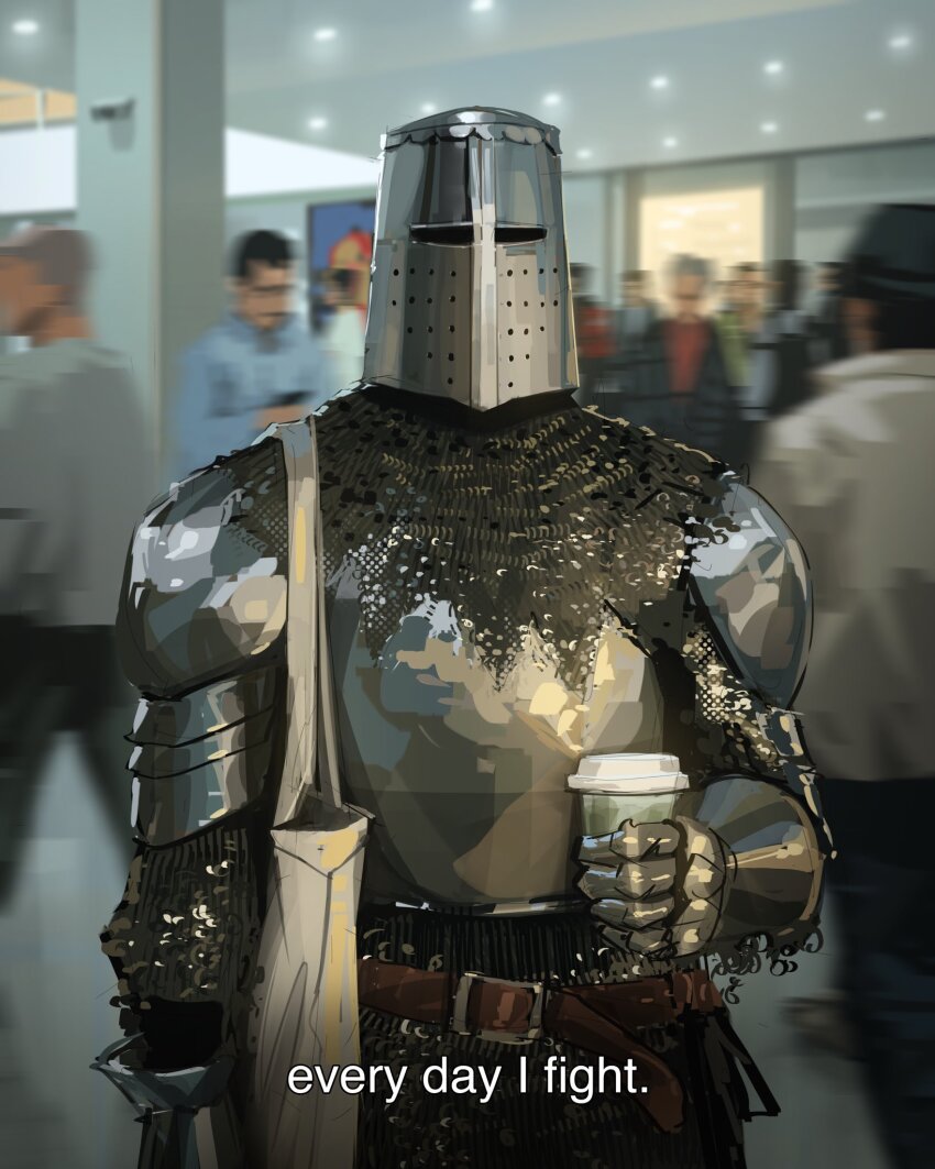 6+others armor bag belt blurry blurry_background capelet caption ceiling_light commentary cowboy_shot cup depth_of_field disposable_cup english_text facing_viewer helmet highres holding holding_cup indoors knight motion_blur multiple_others original people sam_yang shoulder_bag solo standing symbol-only_commentary