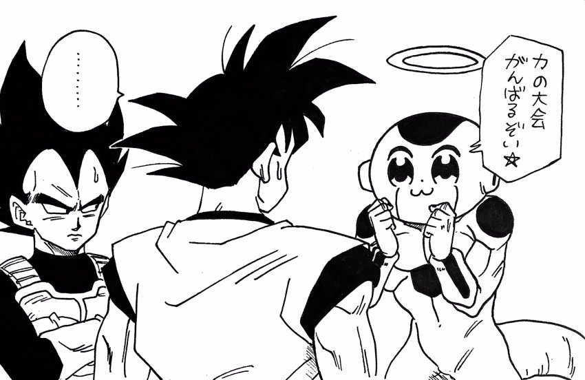 10s 3boys :3 alien dragon_ball dragon_ball_super frieza gloves greyscale highres lee_(dragon_garou) long_hair looking_at_another male_focus monochrome multiple_boys muscular nakao_ryuusei poptepipic serious son_goku sweat tail toriyama_akira_(style) traditional_media translated vegeta voice_actor voice_actor_connection what