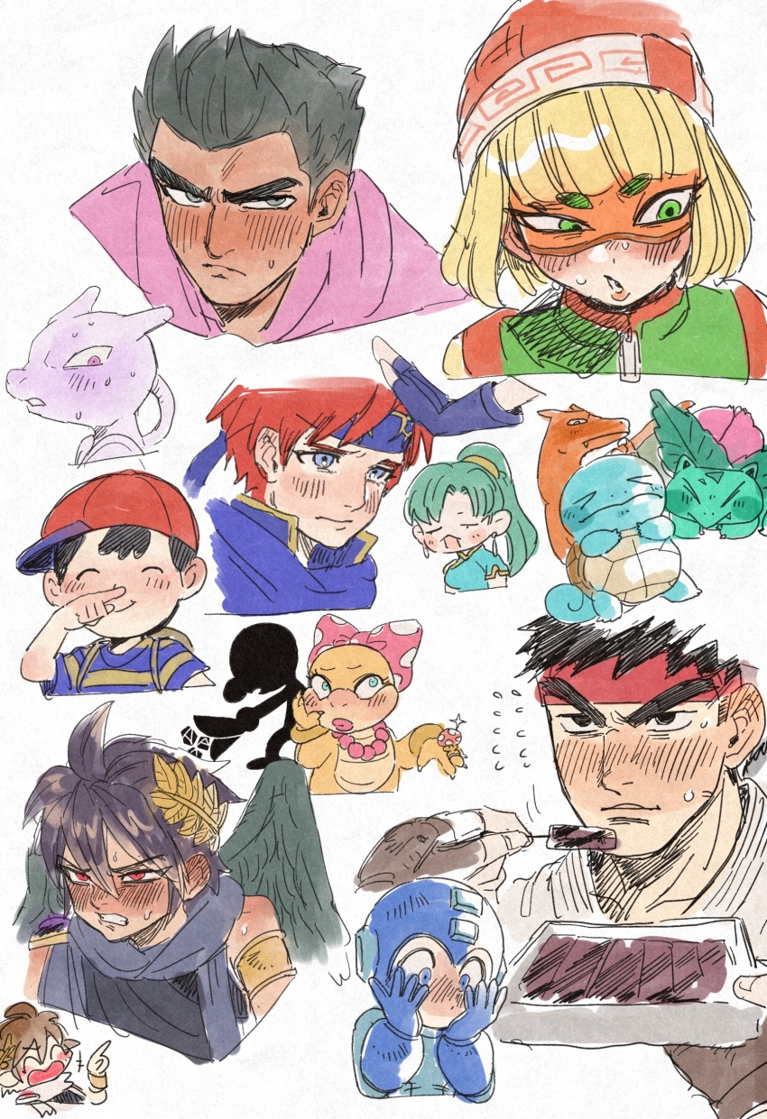 absurdres arms_(game) baseball_cap beanie black_hair blonde_hair blue_eyes blush charizard dancho_no_mori dark_pit fire_emblem fire_emblem:_the_binding_blade fire_emblem:_the_blazing_blade food game_&amp;_watch gen_1_pokemon green_eyes green_hair hat highres ivysaur jewelry kid_icarus legendary_pokemon little_mac lyn_(fire_emblem) mario_(series) mask mega_man_(character) mega_man_(series) mewtwo min_min_(arms) mr._game_&amp;_watch multiple_boys multiple_girls nintendo pit_(kid_icarus) pokemon ponytail punch-out!! red_eyes ring roy_(fire_emblem) ryu_(street_fighter) short_hair sideways_hat spotted_bow squirtle street_fighter super_smash_bros. wendy_o._koopa