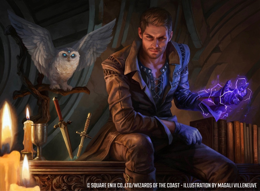 1boy beard bird book brown_hair candle cidolfus_telamon commentary copyright_notice cross-laced_clothes dagger electricity english_commentary facial_hair final_fantasy final_fantasy_xvi gloves glowing glowing_hand knife magali_villeneuve magic:_the_gathering official_art owl sitting smile solo weapon