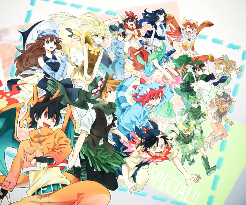 6+boys 6+girls animal_ears barry_(pokemon) blastoise blastoise_(cosplay) blaziken blaziken_(cosplay) blue_oak brendan_(pokemon) charizard charizard_(cosplay) cosplay cropped_jacket dawn_(pokemon) emboar emboar_(cosplay) emerald_(pokemon) empoleon empoleon_(cosplay) ethan_(pokemon) everyone feraligatr feraligatr_(cosplay) fire gen_1_pokemon gen_2_pokemon gen_3_pokemon gen_4_pokemon gen_5_pokemon green_(pokemon) highres hilbert_(pokemon) hilda_(pokemon) holding holding_umbrella hood hoodie infernape infernape_(cosplay) kogecha kris_(pokemon) lucas_(pokemon) matching_outfits may_(pokemon) meganium meganium_(cosplay) multiple_boys multiple_girls nintendo onesie pikachu pikachu_(cosplay) pikachu_ears pikachu_tail pokemon pokemon_adventures pokemon_bw pokemon_dppt pokemon_emerald pokemon_gsc pokemon_rgby pokemon_rse pokemon_tail red_(pokemon) scarf sceptile sceptile_(cosplay) serperior serperior_(cosplay) silver_(pokemon) starter_pokemon_trio swampert swampert_(cosplay) tail torterra torterra_(cosplay) typhlosion typhlosion_(cosplay) umbrella venusaur venusaur_(cosplay) wally_(pokemon) wings yellow_(pokemon)