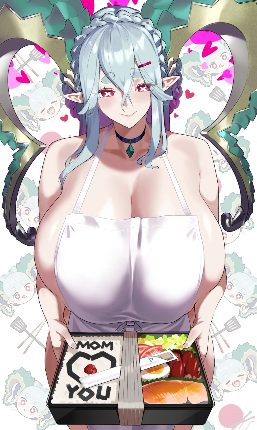 1girl apron bare_shoulders bento blush breasts cleavage commentary curled_horns english_commentary fate/grand_order fate_(series) highres horns huge_breasts large_horns long_hair looking_at_viewer monkey_jon naked_apron pointy_ears smile solo symbol-shaped_pupils tiamat_(fate)