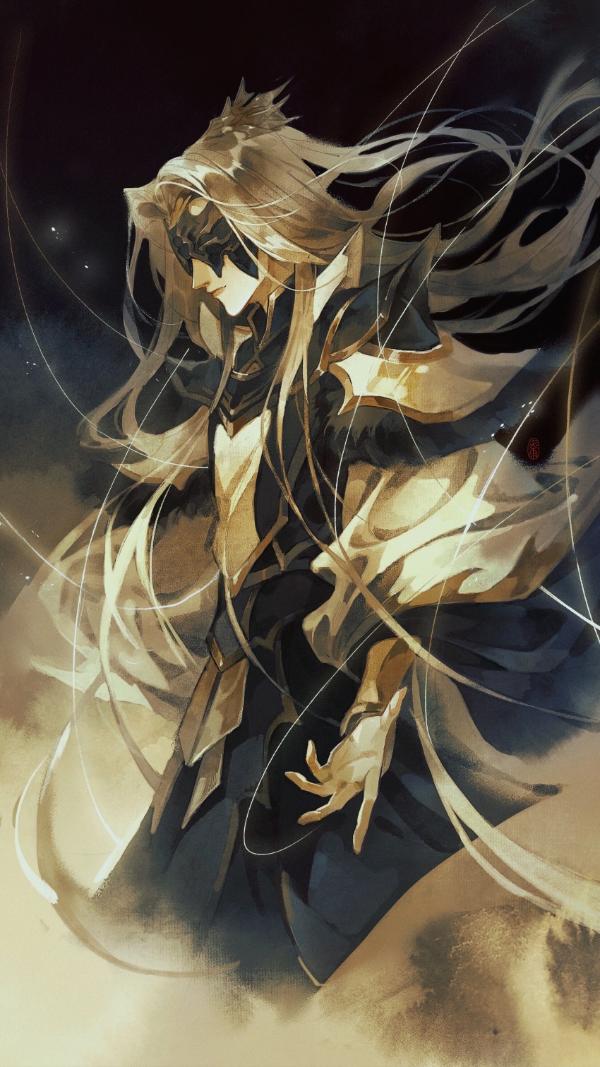1boy absurdres armor black_background black_mask black_robe bracer brown_background brown_hair closed_mouth cropped_legs curtained_hair facing_down floating_hair hair_ornament hair_over_shoulder half_mask highres jinguang_budaixi laoelaoee light_particles long_hair male_focus mask parted_bangs robe seal_script shoulder_armor solo wang_zhongren