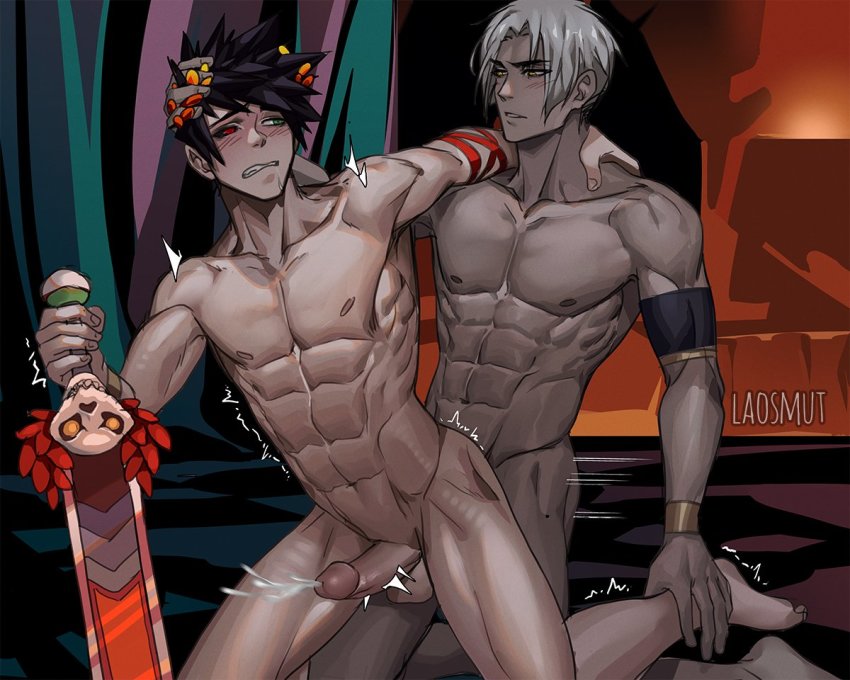 2boys abs anal black_hair blush cum ejaculating_while_penetrated ejaculation erection hades_(series) implied_sex laovaan male_focus male_penetrated multiple_boys penis red_eyes silver_hair thanatos_(hades) weapon wince yaoi zagreus_(hades)