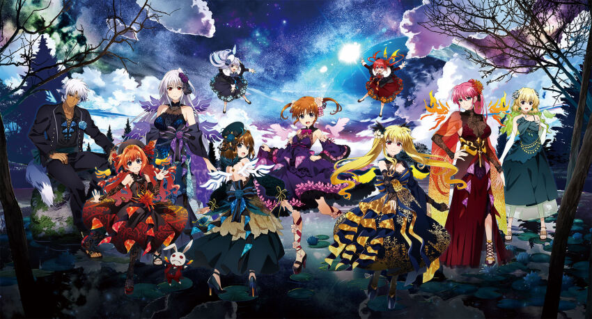 1boy 6+girls agito_(nanoha) bare_tree blonde_hair blue_wings brown_hair cloud detached_wings dress evening_gown fantasy fate_testarossa green_wings grey_hair highres in-franchise_crossover kawakami_shuuichi lotus_leaf lyrical_nanoha lyrical_store mini_person minigirl multicolored_dress multiple_girls night night_sky noroi_usagi official_alternate_costume official_art orange_wings pink_hair pink_wings purple_wings red_hair reinforce reinforce_zwei shamal signum sky takamachi_nanoha tree twintails vita_(nanoha) white_hair white_wings wings yagami_hayate yellow_wings zafira