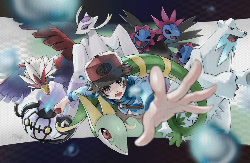 1boy absurdres beartic blue_jacket blurry braviary brown_eyes brown_hair chandelure commentary_request gen_5_pokemon hat highres hilbert_(pokemon) holding holding_poke_ball hydreigon jacket long_sleeves male_focus mienshao nintendo open_mouth pants poke_ball poke_ball_(basic) poke_ball_print pokemon pokemon_(creature) pokemon_bw red_headwear serperior short_hair spread_fingers xishi_(jakuichi_e)