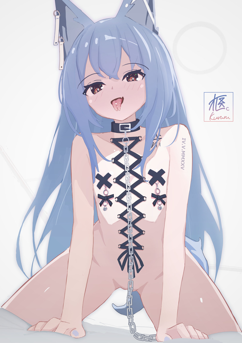 1girl animal animal_ears blue_hair brown_eyes chain chain_leash collar collarbone corset_piercing ear_piercing flat_chest forked_tongue highres leash long_hair looking_at_viewer nude original piercing sarla tongue very_long_hair