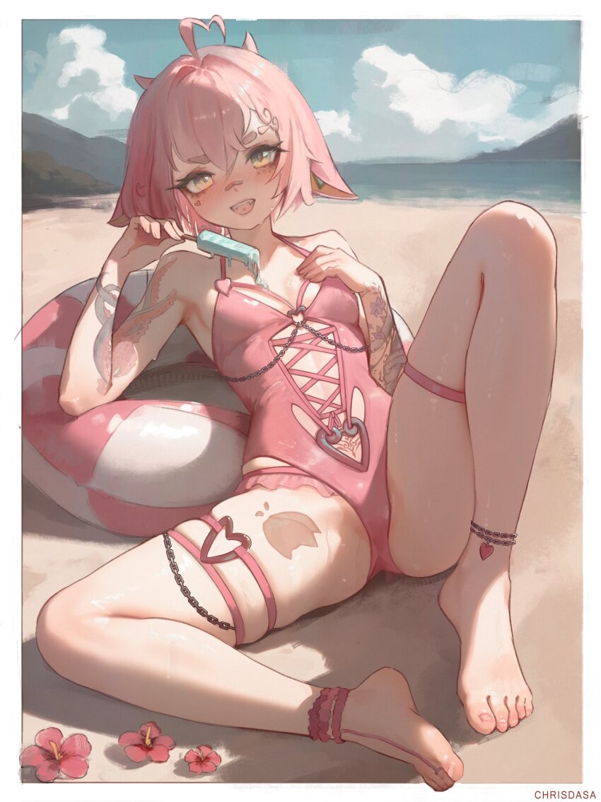 1girl absurdres ahoge animal_ears anklet arm_tattoo barefoot barefoot_sandals_(jewelry) beach breasts chrisdasa el_xox feet food heart heart_ahoge highres horns ice_cream indie_virtual_youtuber inflatable_toy jewelry looking_at_viewer lying medium_hair ocean one-piece_swimsuit outdoors pink_hair pubic_tattoo sky small_breasts smile spread_legs swimsuit tattoo thigh_strap thighhighs toes virtual_youtuber yellow_eyes zettai_ryouiki