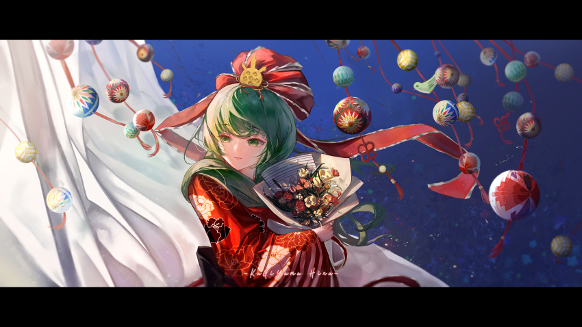 1girl absurdres bow front_ponytail green_eyes green_hair hand_fan highres hinamatsuri holding holding_fan hong_douzi japanese_clothes kagiyama_hina kimono red_bow red_kimono red_ribbon ribbon smile solo touhou wide_sleeves