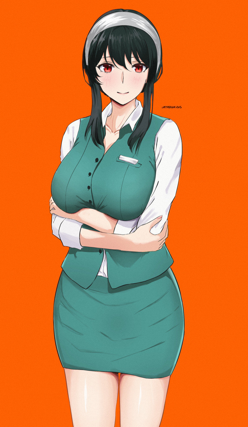 1girl absurdres arms_under_breasts black_hair breasts closed_mouth collared_shirt cowboy_shot green_skirt green_vest hairband highres large_breasts long_sleeves looking_at_viewer mymzi name_tag office_lady orange_background pencil_skirt red_eyes shirt sidelocks signature simple_background skirt smile solo spy_x_family thighs uniform vest white_hairband yor_briar