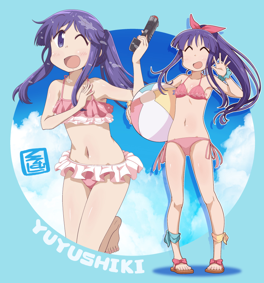 1girl absurdres ball beachball bikini blue_sky breasts cloud commentary_request copyright_name cowboy_shot frilled_bikini frills full_body hair_ribbon highres hinata_yukari ki_(adotadot) long_hair multiple_views open_mouth pink_bikini ponytail purple_eyes purple_hair ribbon sandals side-tie_bikini_bottom sky small_breasts swimsuit water_gun yuyushiki