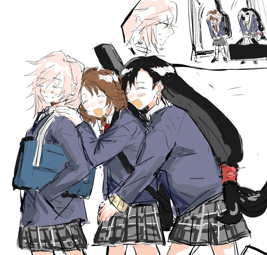 3girls alternate_universe bag black_hair brown_hair contemporary final_fantasy final_fantasy_vii final_fantasy_x final_fantasy_xiii highres hug hug_from_behind in-franchise_crossover lightning_farron long_hair low-tied_long_hair multiple_girls pink_hair pleated_skirt school_bag school_uniform shen_0012 short_hair skirt smile tifa_lockhart very_long_hair yuna_(ff10)
