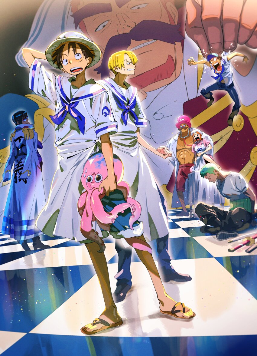 2girls 6+boys absurdres alternate_form beard black_hair blonde_hair blue_neckerchief carrying carrying_person chessboard clenched_teeth coat coat_on_shoulders commentary_request curly_eyebrows epaulettes facial_hair full_body green_hair haramaki hat highres holding jonathan_(one_piece) long_nose monkey_d._luffy multiple_boys multiple_girls mustache nami_(one_piece) nami_(one_piece)_(g-8) neckerchief nico_robin nico_robin_(g-8) octopus one_piece orange_hair pink_hat roronoa_zoro sandals sanji_(one_piece) scar scar_on_face sleeveless straw_hat sunglasses teeth tony_tony_chopper usopp wciarigatou