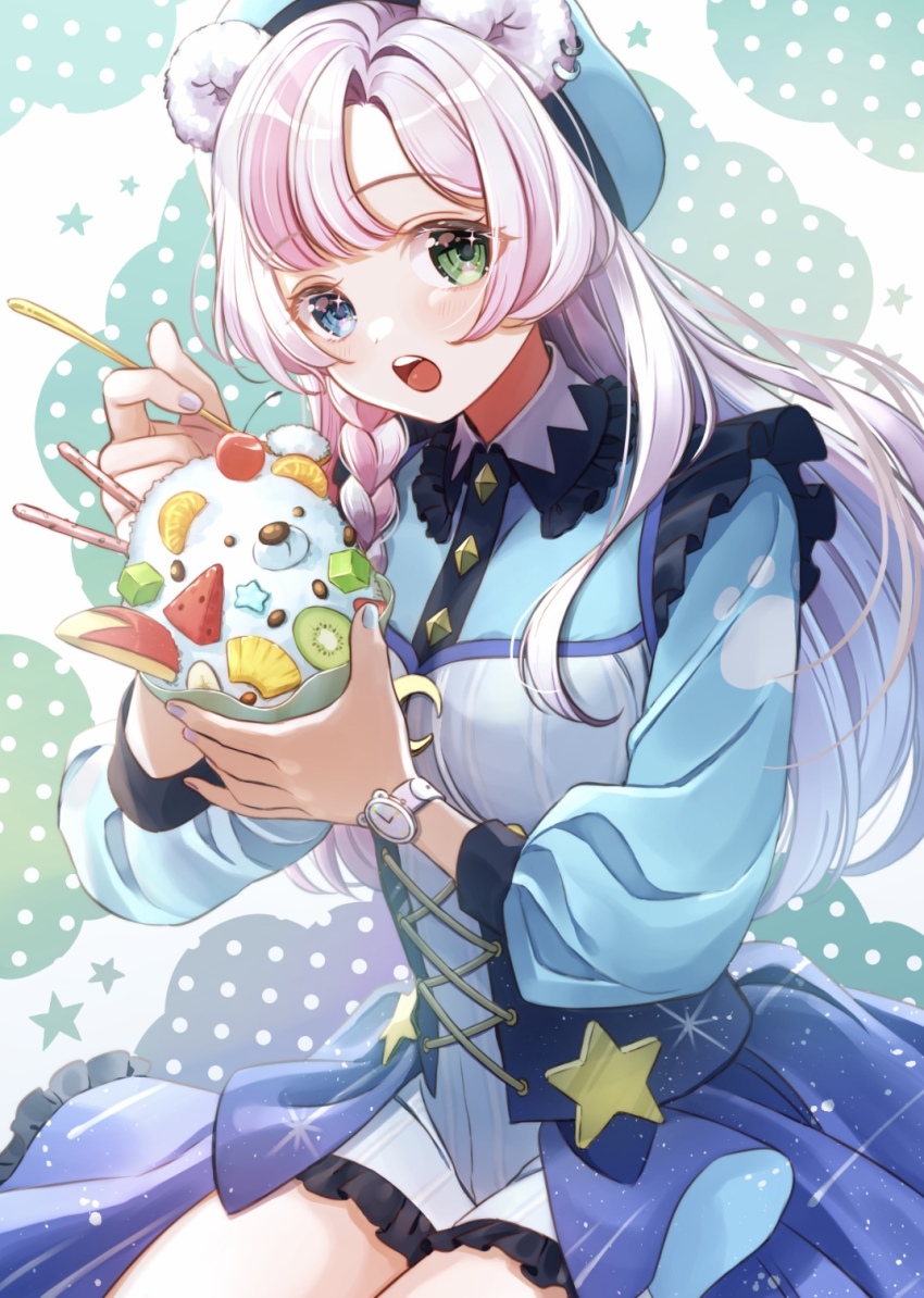 1girl :o animal_ears bear_ears beret blue_eyes blue_hat blush borrowed_character bun_(jewd5385) commission corset dress eating food frilled_shirt_collar frills green_eyes hat heterochromia highres long_hair long_sleeves looking_at_viewer original parfait shaved_ice short_dress silver_hair skeb_commission solo teeth underbust upper_teeth_only virtual_youtuber