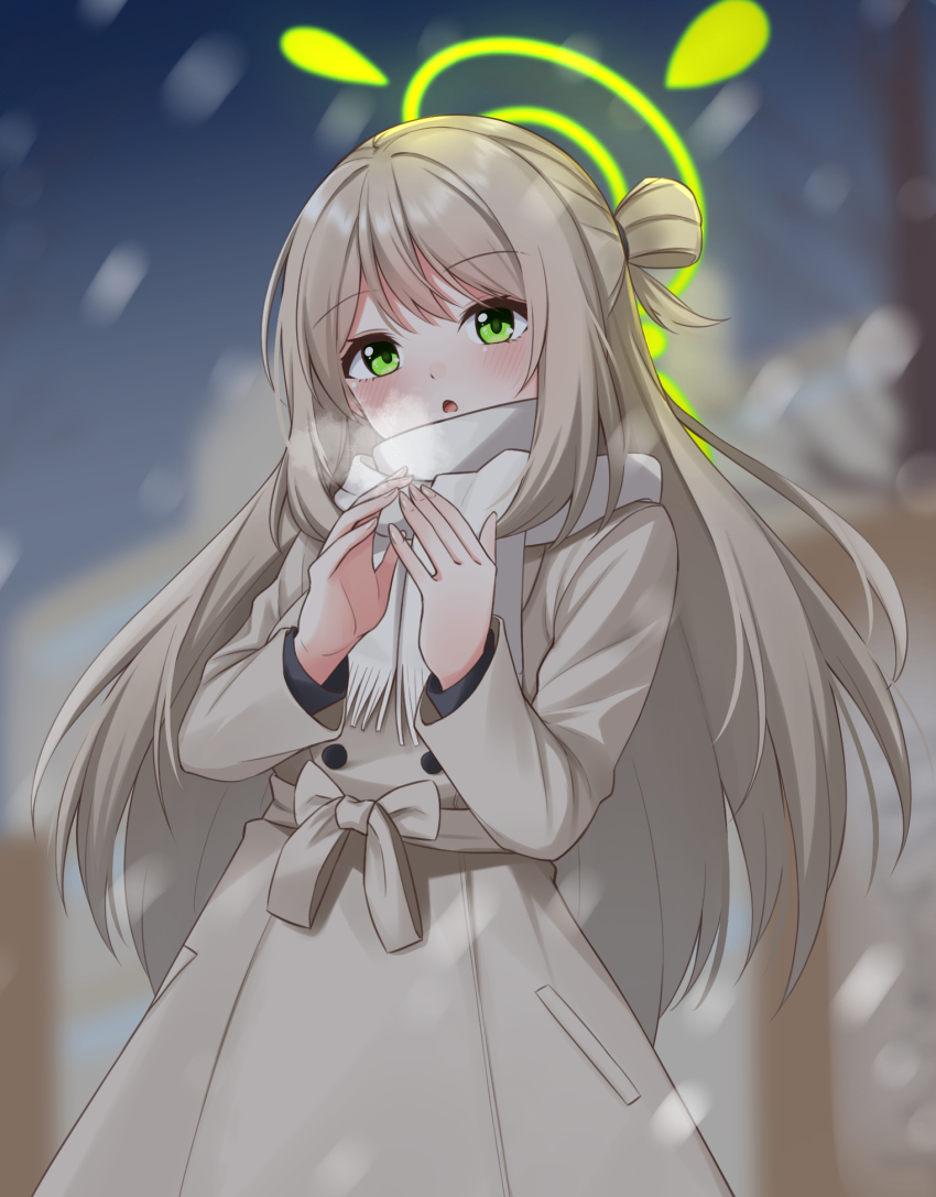 1girl :o alternate_costume blonde_hair blue_archive breath buttons coat commentary_request double-breasted floating_hair gradient_sky green_eyes green_halo hair_between_eyes halo highres hoshino_reiji light_blush long_hair looking_at_viewer motion_blur night night_sky nonomi_(blue_archive) outdoors pocket scarf sidelocks sky snowing solo steepled_fingers trench_coat very_long_hair white_scarf
