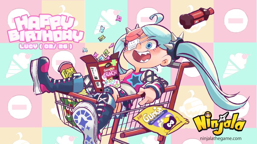 1girl absurdres ahoge aqua_eyes aqua_hair arrow_(symbol) artistic_error bag_of_chips belt belted_shorts birthday blue_boots blue_pupils blue_shorts blush boots cereal cereal_box character_name chewing_gum child commentary copyright_name copyright_notice denim denim_shorts english_commentary english_text eyelashes eyepatch flat_chest food gungho happy_birthday highres in_shopping_cart knee_boots lace-up_boots logo lone_nape_hair long_hair lucy_(ninjala) marshmallow medical_eyepatch multicolored_hair ninjala nose official_art one_eye_covered open_box outline pantyhose pastel_colors pink_belt pink_hair pink_shirt pole print_shirt purple_outline rianti-wong second-party_source sharp_teeth shirt shoe_soles shoes shopping_cart shorts shuriken shuriken_print single_bare_arm single_fishnet_armwear single_fishnet_legwear single_leg_pantyhose single_sleeve skinny sleeveless sleeveless_shirt smile soda_bottle solo spiked_hair_ornament star_(symbol) star_print swept_bangs teeth tongue torn_clothes torn_shorts twintails two-tone_hair two-tone_shirt watermark weapon web_address white_pantyhose white_shirt white_sleeves wrestling_boots