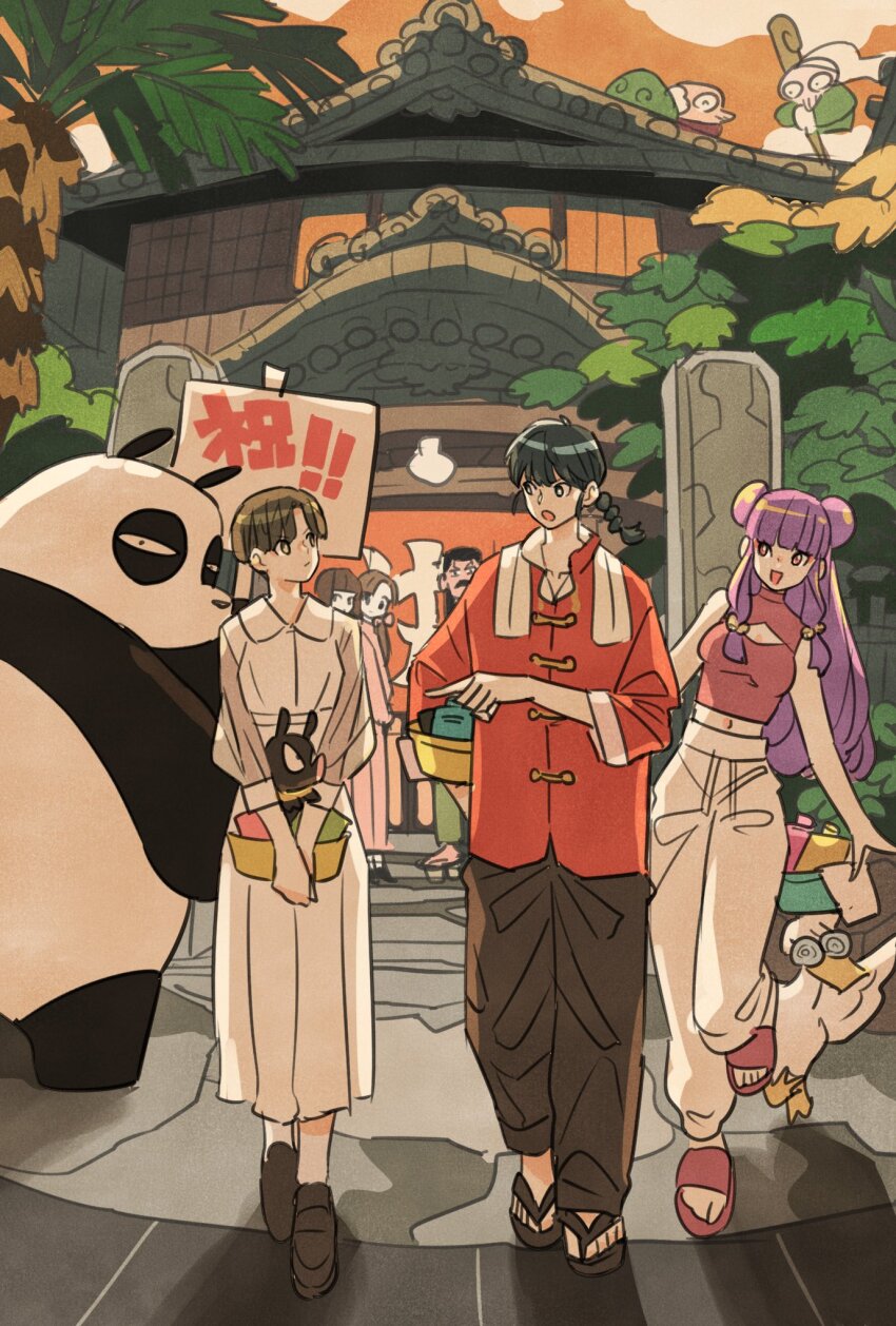5girls 6+boys bell bird black_hair blunt_bangs bob_cut braid braided_ponytail brown_hair chinese_clothes cloud cologne_(ranma_1/2) commentary_request duck facial_hair father_and_daughter father_and_son full_body glasses hair_bell hair_ornament happosai highres holding long_hair mousse_(duck)_(ranma_1/2) multiple_boys multiple_girls mustache old old_man old_woman on_roof onsen p-chan palm_tree panda pants pig pointing purple_hair ranma_1/2 red_shirt sandals saotome_genma_(panda) saotome_ranma shadow shampoo_(ranma_1/2) shirt short_hair siblings sisters sleeveless smile sunset takeuchi_ryousuke tendou_akane tendou_kasumi tendou_nabiki tendou_souun tree white_pants