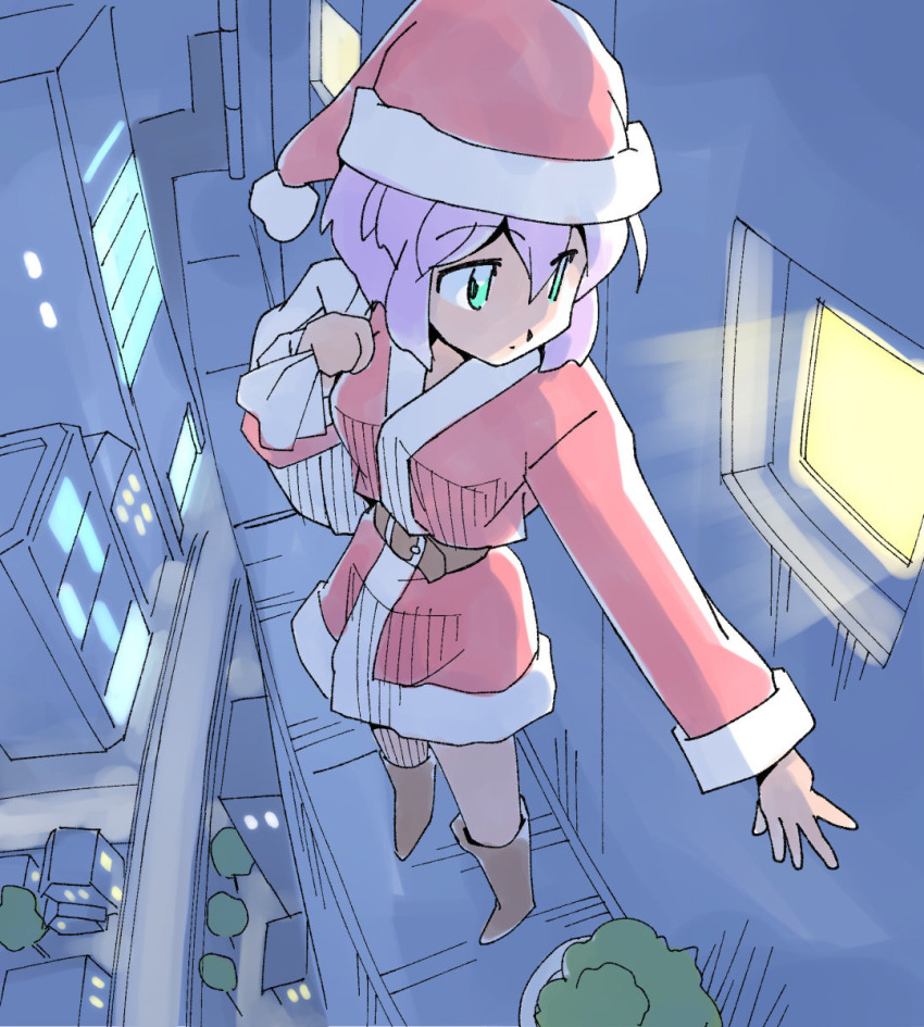 1girl belt boots brown_belt brown_boots building christmas city dress green_eyes hat highres holding holding_sack ledge masuki night original plant potted_plant purple_hair red_hat sack santa_costume santa_dress santa_hat solo tree window