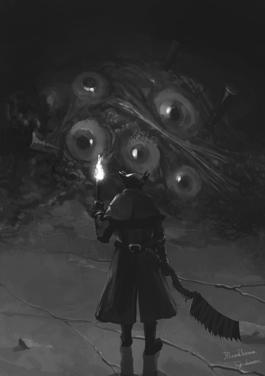 1other artist_name bloodborne boots brain capelet copyright_name from_behind hat highres holding holding_torch holding_weapon hunter_(bloodborne) jacket looking_at_viewer monster saw saw_cleaver torch tricorne tripdancer weapon