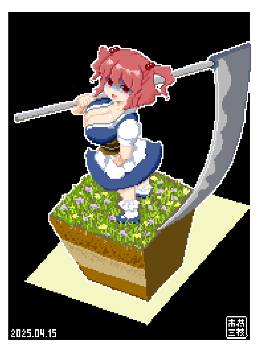 1girl blue_dress border breasts brown_sash cleavage commentary_request cookie_(touhou) dated dress full_body grass hair_bobbles hair_ornament highres holding holding_scythe isometric itini-sanshi large_breasts looking_at_viewer obi onozuka_komachi open_mouth pixel_art red_eyes red_hair sash scythe shaded_face shishou_(cookie) short_hair smile solo touhou two_side_up white_border
