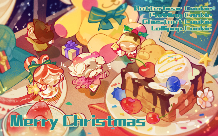 &gt;_&lt; 2boys 2girls :d absurdres animal_ear_hairband animal_ears apron bag bear_ears bell belt belt_buckle black_pants blueberry blush_stickers bow bowtie box bradyclaph83904 brown_bag brown_belt brown_coat brown_eyes brown_hair brown_hat brown_scarf brown_shoes buckle butterbear_cookie cake character_name cherry chestnut_cookie chibi chibi_only chinese_commentary closed_eyes coat commentary_request cookie_run cookie_run:_ovenbreak dessert dress facial_hair facing_another fake_animal_ears food food-themed_hat freckles fruit fur-trimmed_sleeves fur_trim gift gift_box glasses green_bow green_shoes hair_bow hairband handbell hat highres holding holding_bell holding_stuffed_toy ice_cream lollipop_cookie long_sleeves looking_outside merry_christmas mini_eyewear mittens multicolored_hair multiple_boys multiple_girls mustache newsboy_cap notice_lines official_style open_mouth pants pantyhose pink_hairband pink_shirt plate pudding_cookie puffy_short_sleeves puffy_sleeves raspberry red_bow red_bowtie red_dress red_hair red_pantyhose round_eyewear scarf shirt shoes short_hair short_sleeves smile striped_clothes striped_pantyhose stuffed_animal stuffed_toy teddy_bear two-tone_dress two-tone_hair waist_apron white_apron white_dress white_hair white_mittens white_pantyhose xd