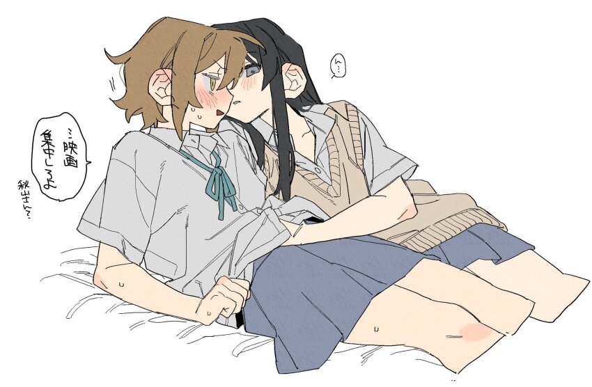 2girls akiyama_mio black_hair blue_ribbon blush brown_eyes brown_hair brown_sweater_vest collared_shirt dayama ear_blush grey_eyes grey_shirt grey_skirt hand_under_clothes hand_under_shirt highres hirasawa_yui k-on! long_hair multiple_girls neck_ribbon open_mouth parted_lips pleated_skirt ribbon shirt short_hair short_sleeves skirt speech_bubble sweat sweater_vest translation_request white_background yuri