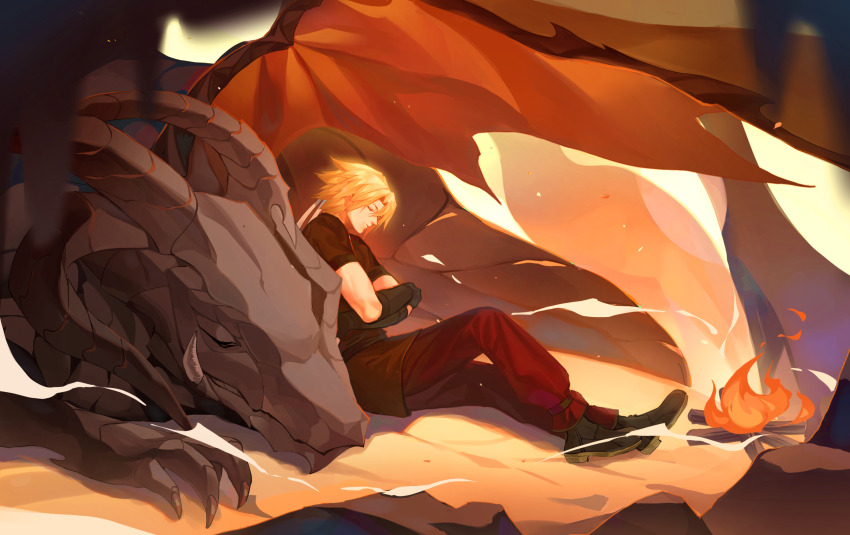 1boy 1other astlibra_revision black_footwear black_gloves blonde_hair brown_shirt claws commentary dark_red_dragon_mira_bahamut dragon dragon_horns elbow_gloves english_commentary fang fang_out fireplace gloves hair_ribbon highres horns kernel_killer leaning_on_animal male_focus pants protagonist_(astlibra) red_pants ribbon shirt short_hair sleeping white_ribbon wings