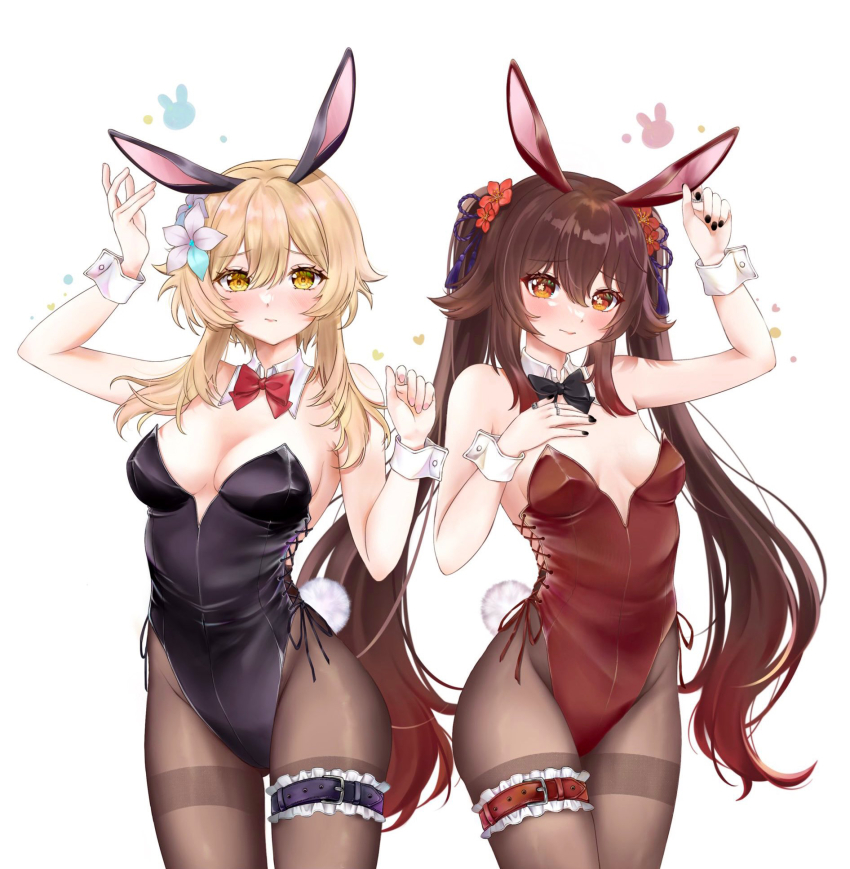 2girls 3: alternate_costume animal_ears armpits bare_shoulders belt black_bow black_bowtie black_leotard black_pantyhose blush bow bowtie breasts brown_hair cleavage commentary_request detached_collar fake_animal_ears fake_tail flower genshin_impact hair_between_eyes hair_bow hair_flower hair_ornament hair_ribbon highleg highleg_leotard highres hu_tao_(genshin_impact) leotard light_brown_hair long_hair looking_at_viewer lumine_(genshin_impact) medium_breasts mm_(m2) multiple_girls orange_eyes pantyhose playboy_bunny rabbit_ears rabbit_tail red_leotard ribbon short_hair short_hair_with_long_locks sidelocks simple_background small_breasts strapless strapless_leotard symbol-shaped_pupils tail thigh_belt thigh_strap white_background wrist_cuffs yellow_eyes
