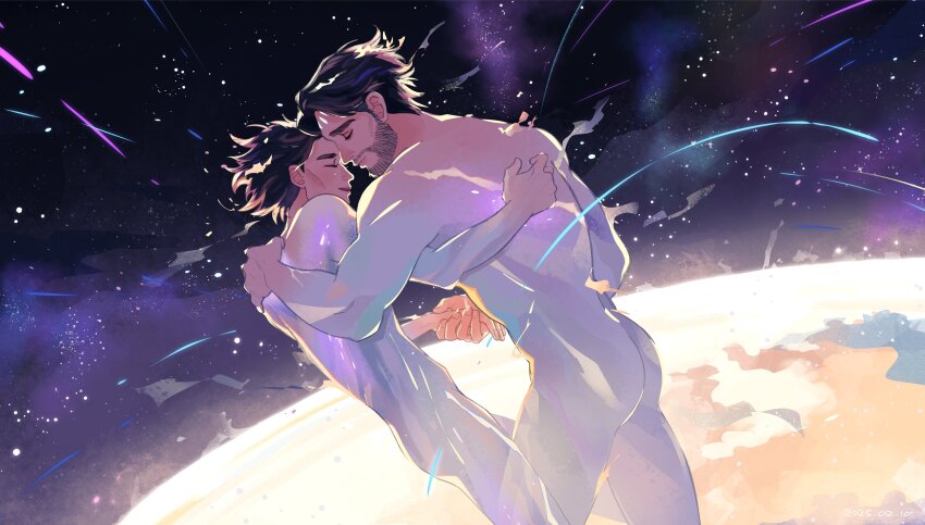 1715yorugohan 2boys absurdres arcane:_league_of_legends arcane_survivor_jayce arm_around_back ass beard brown_hair closed_eyes closed_mouth commentary completely_nude earth_(planet) english_commentary facial_hair feet_out_of_frame floating_hair forehead-to-forehead heads_together highres holding_hands jayce_(league_of_legends) league_of_legends male_focus multiple_boys nude planet short_hair short_sideburns sky smile space star_(sky) starry_sky thick_eyebrows viktor_(arcane) viktor_(league_of_legends) yaoi