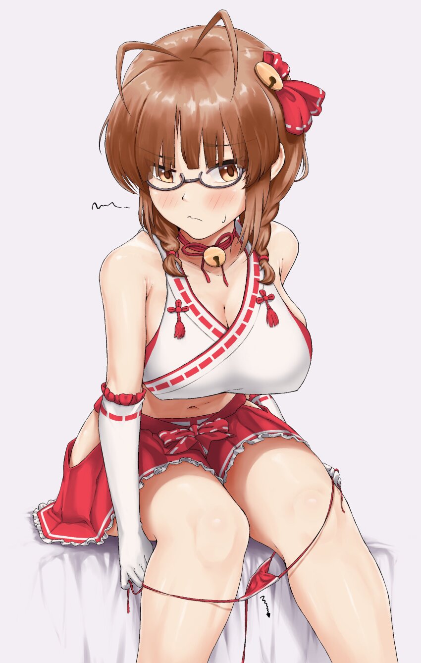 1girl absurdres akizuki_ritsuko antenna_hair bare_shoulders bikini bikini_bottom_pull bikini_pull black-framed_eyewear blush bow braid breasts brown_eyes brown_hair cleavage closed_mouth clothes_pull concept_maihime_(idolmaster) elbow_gloves glasses gloves hair_ribbon halter_shirt halterneck highres hip_vent idolmaster idolmaster_(classic) idolmaster_million_live! idolmaster_million_live!_theater_days large_breasts navel nii_niip nontraditional_miko red_bikini red_ribbon red_skirt ribbon ribbon-trimmed_gloves ribbon-trimmed_shirt ribbon_trim semi-rimless_eyewear shirt simple_background sitting skirt sleeveless sleeveless_shirt solo swimsuit twin_braids under-rim_eyewear undressing waist_bow white_background white_gloves white_shirt