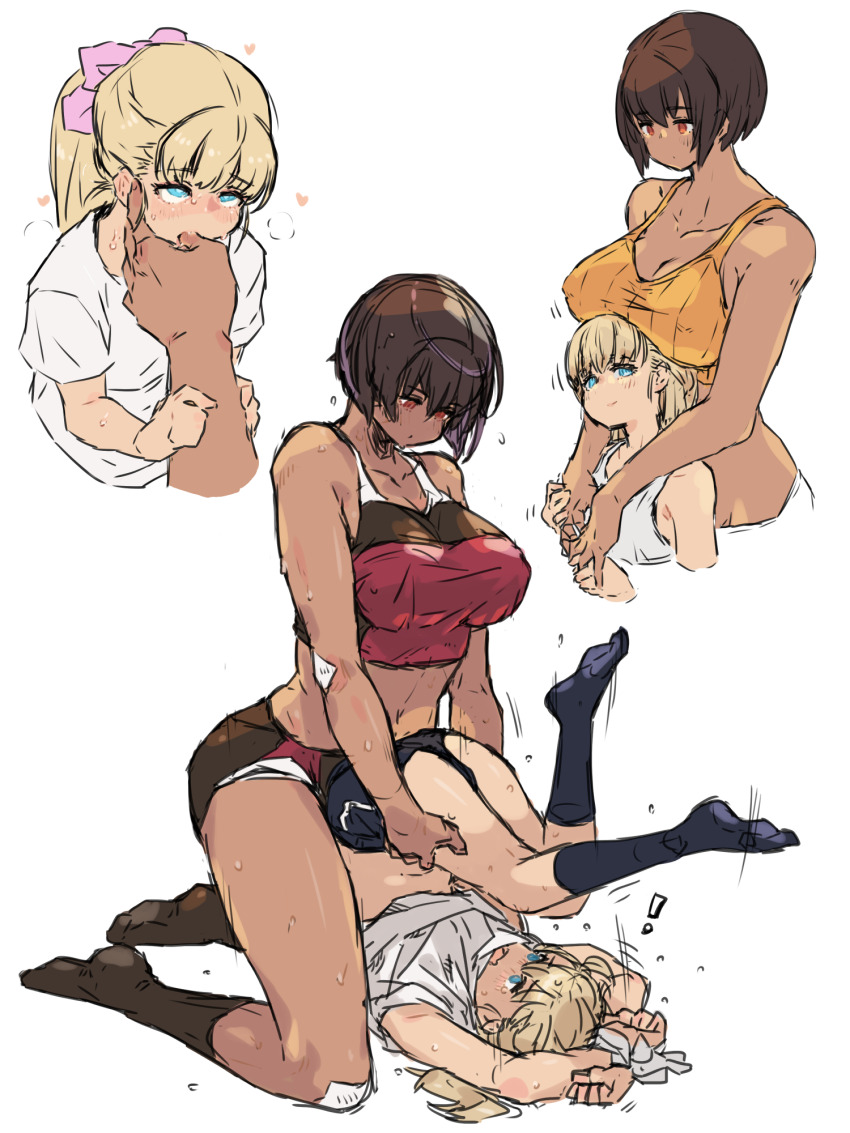 2girls blonde_hair blue_eyes bound bound_wrists breast_rest breasts breasts_on_head brown_hair buruma cleavage dark-skinned_female dark_skin femdom finger_in_another&#039;s_mouth gym_uniform hair_ribbon height_difference highres kei_(m_k) large_breasts long_hair m_k midriff multiple_girls orange_eyes original ponytail ribbon rika_(m_k) short_hair simple_background sweat tall_female tank_top tomboy toned track_uniform white_background yuri
