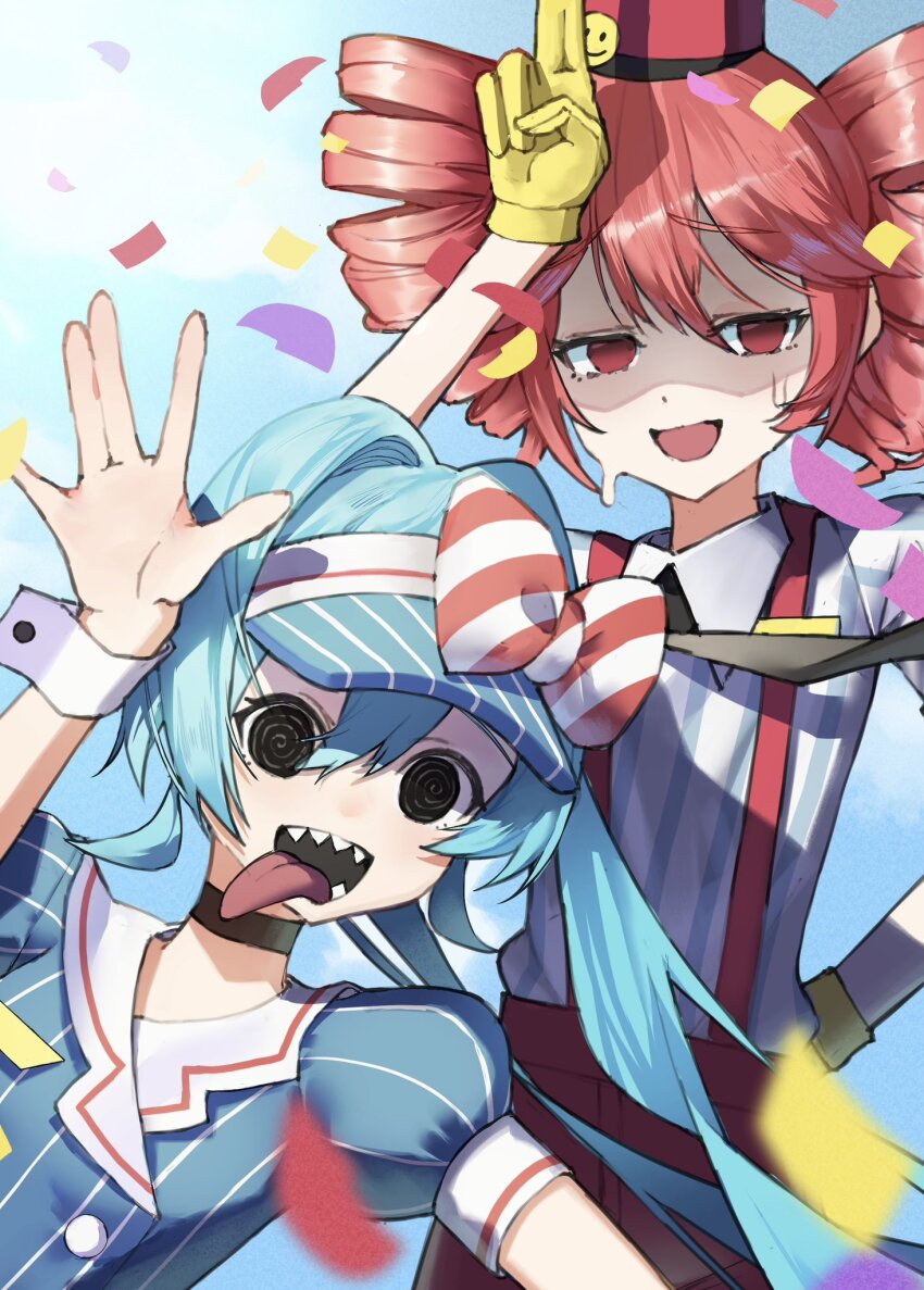 2girls :d arm_up black_necktie blue_dress blue_hair blue_sky bow cloud collared_shirt commentary_request confetti diagonal-striped_bow dress drill_hair floating_hair floating_neckwear hair_between_eyes hand_on_own_hip hat hat_bow hatsune_miku highres kasane_teto leaning_to_the_side long_hair mesmerizer_(vocaloid) multiple_girls necktie nushibautiful open_mouth pants pinstripe_dress pinstripe_hat pinstripe_pattern puffy_short_sleeves puffy_sleeves red_bow red_eyes red_hat red_pants sailor_collar sharp_teeth shirt short_sleeves sky smile smiley_hat_ornament solid_circle_eyes striped_clothes striped_shirt suspenders sweat teeth tongue tongue_out twin_drills twintails two-tone_bow utau visor_cap vocaloid white_bow white_sailor_collar white_wrist_cuffs wing_collar worried wrist_cuffs