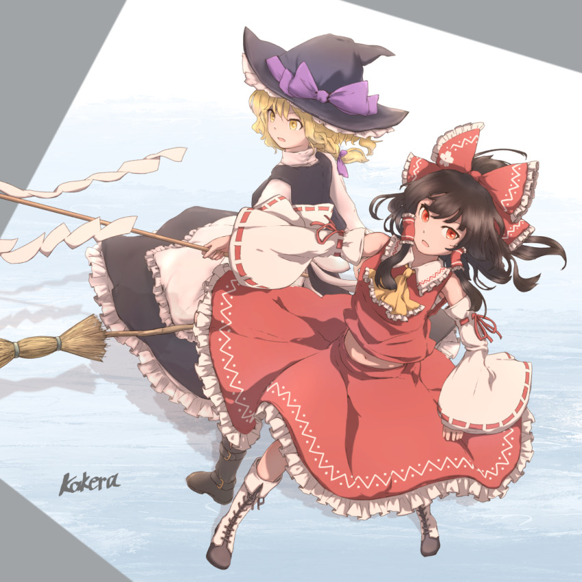 2girls apron artist_name ascot black_hat black_vest blonde_hair boots bow braid broom brown_boots brown_hair commentary_request detached_sleeves frilled_bow frilled_hair_tubes frilled_skirt frills gohei hair_bow hair_tubes hakurei_reimu hat hat_bow holding holding_broom holding_gohei kakera_(comona_base) kirisame_marisa lace-up_boots long_hair multiple_girls navel open_mouth petal_print print_bow purple_bow red_bow red_eyes red_skirt ribbon-trimmed_sleeves ribbon_trim shadow side_braid single_braid skirt skirt_set touhou vest waist_apron white_apron white_boots witch_hat yellow_ascot yellow_eyes