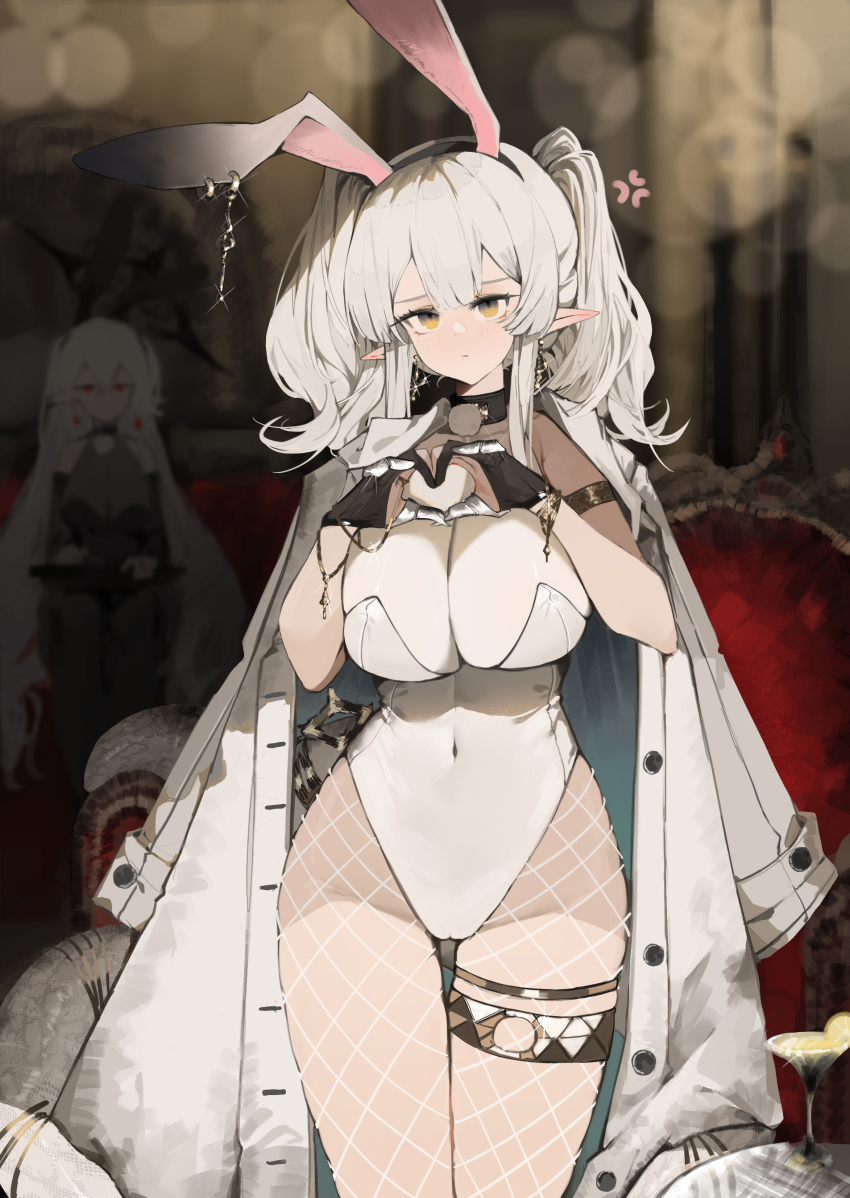 2girls absurdres animal_ears bai_yao_(user_ygua7252) bare_shoulders black_choker black_eyes breasts choker coat commentary grey_hair highres indoors large_breasts medium_hair multicolored_eyes multiple_girls original playboy_bunny pointy_ears rabbit_ears red_eyes stomach thighs twintails white_coat white_hair yellow_eyes