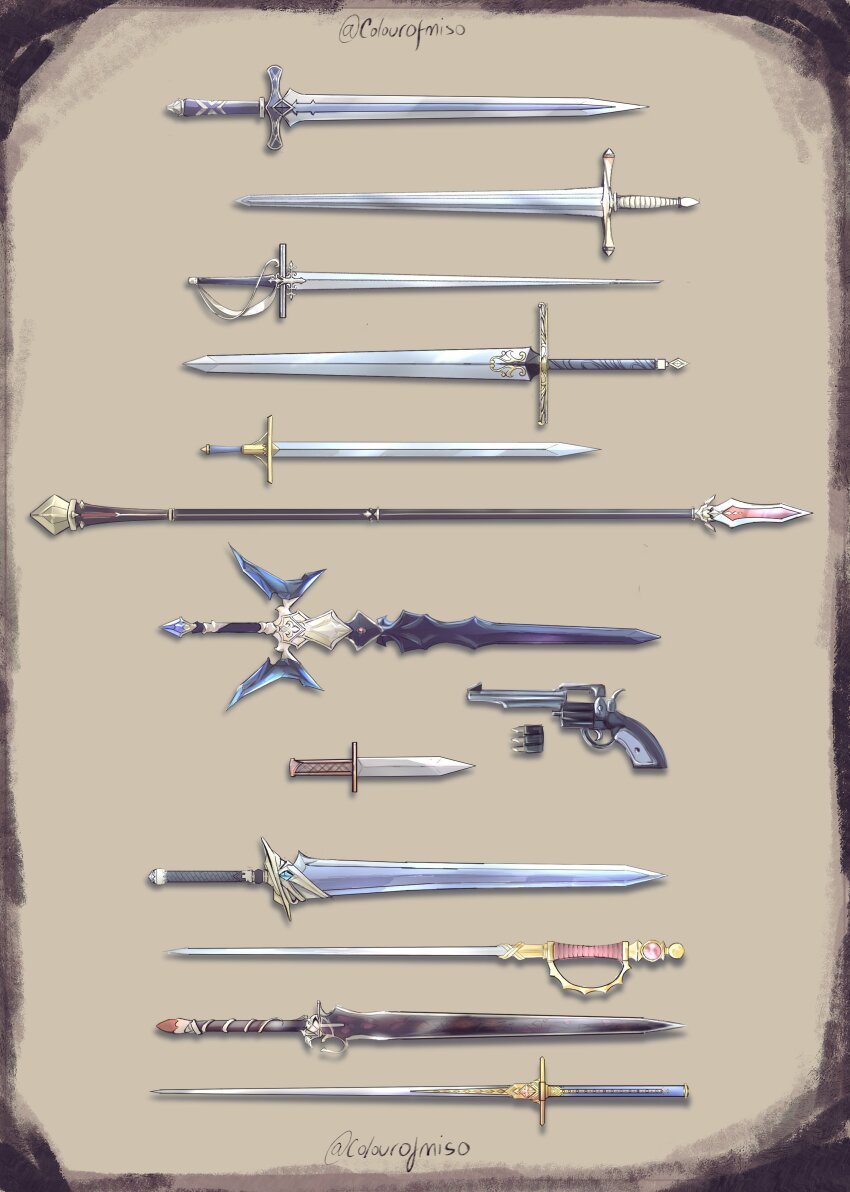 absurdres artist_name commentary dagger english_commentary gun handgun highres kaitou_shinshi_no_harahara!?_white_day_(project_sekai) knife multiple_weapons never_give_up_cooking!_(project_sekai) no_humans pingu_(colourofmiso) polearm project_sekai rapier relax_teatime_(project_sekai) revolver spear sword too_many_weapons weapon