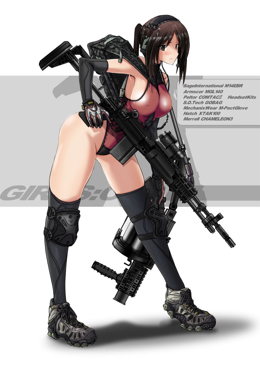 1girl battle_rifle blush breasts covered_erect_nipples gloves grenade_launcher gun gun_sling headset highres kikorafale knee_pads large_breasts leotard long_hair m14 military_operator milkor_mgl original ponytail revolver_grenade_launcher rifle shadow shoes sideboob sneakers thighhighs tom_keith vertical_forward_grip weapon
