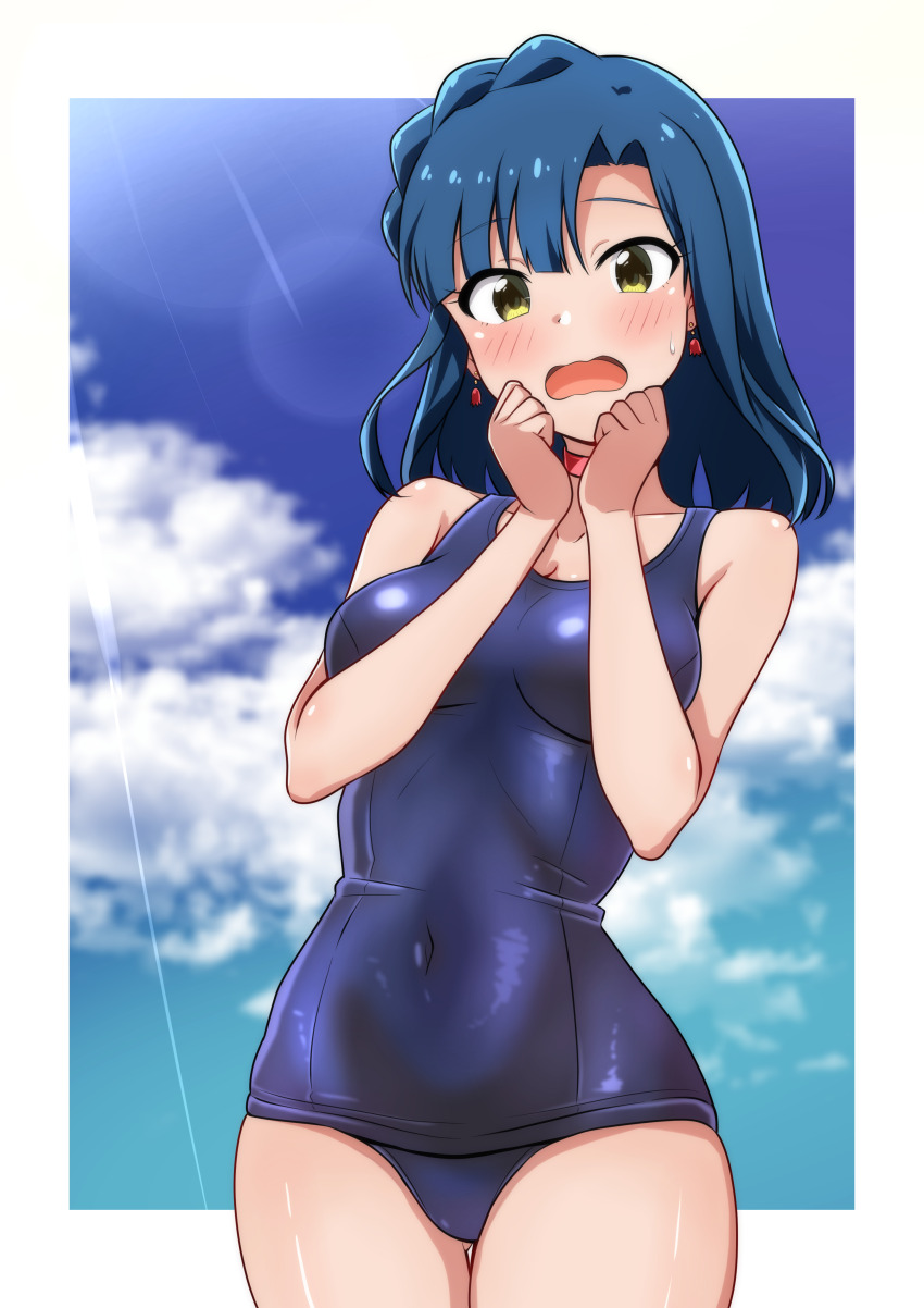 1girl absurdres blue_hair blue_one-piece_swimsuit blue_sky braid breasts cloud commentary_request cowboy_shot crown_braid highres idolmaster idolmaster_million_live! looking_at_viewer medium_breasts mimiu_p nanao_yuriko old_school_swimsuit one-piece_swimsuit open_mouth school_swimsuit sky solo swimsuit wavy_mouth yellow_eyes