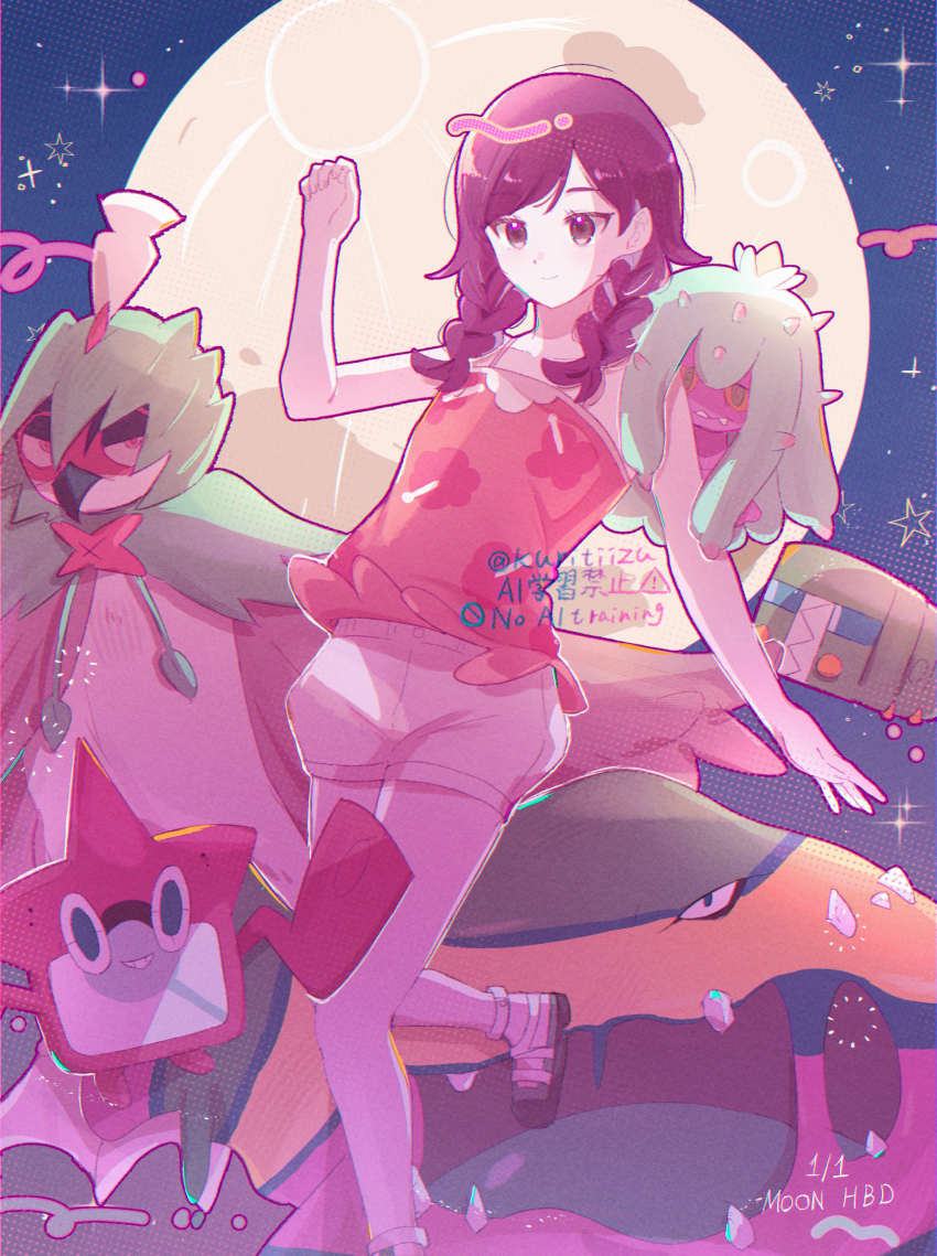 1girl absurdres alolan_form alolan_muk braid brown_eyes charjabug closed_mouth commentary_request decidueye floral_print gen_4_pokemon gen_7_pokemon hand_up highres kuritiizu leg_up looking_down mareanie moon night nintendo orange_shirt outdoors pokemon pokemon_(creature) pokemon_usum rotom rotom_dex selene_(pokemon) shirt shoes shorts sky sleeveless sleeveless_shirt smile sparkle twin_braids white_shorts