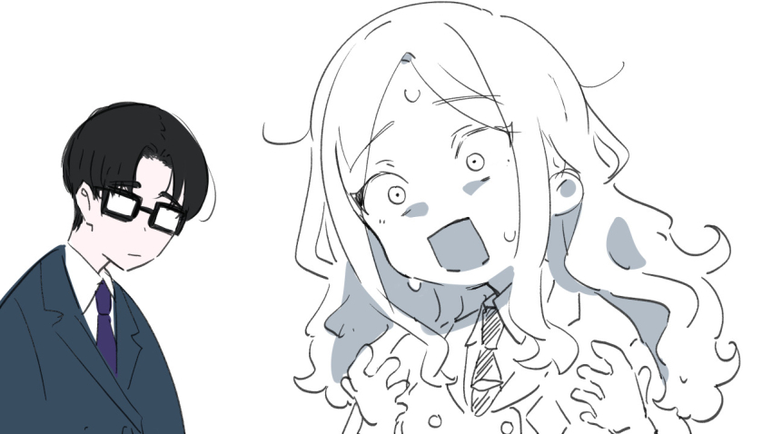 1boy 1girl :o black-framed_eyewear black_hair blazer commentary_request gakuen_idolmaster glasses idolmaster jacket juo_sena kasasagi_(futagodori888) necktie partially_colored producer_(idolmaster) simple_background white_background wide-eyed
