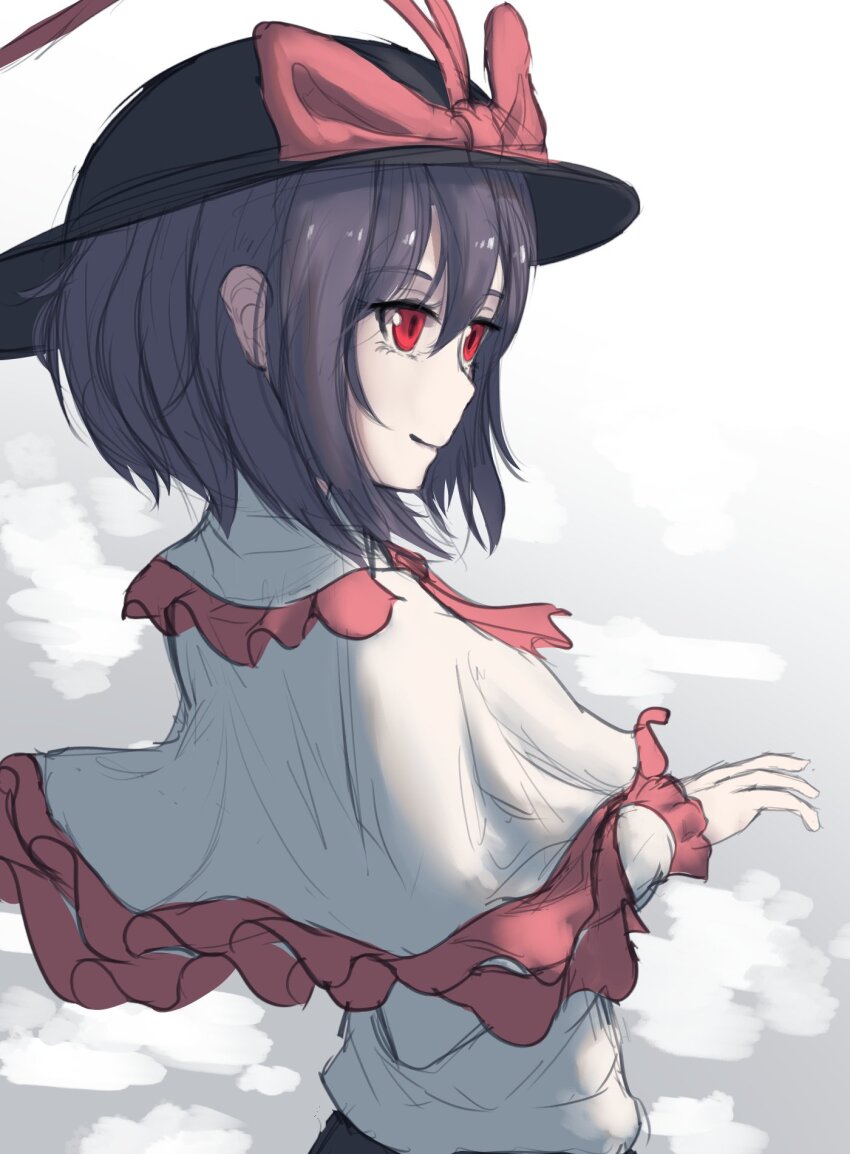 1girl black_hat bow capelet closed_mouth from_side grey_background hat hat_bow highres long_sleeves looking_at_viewer nagae_iku purple_hair pygrenix red_bow red_eyes short_hair smile solo touhou upper_body white_capelet