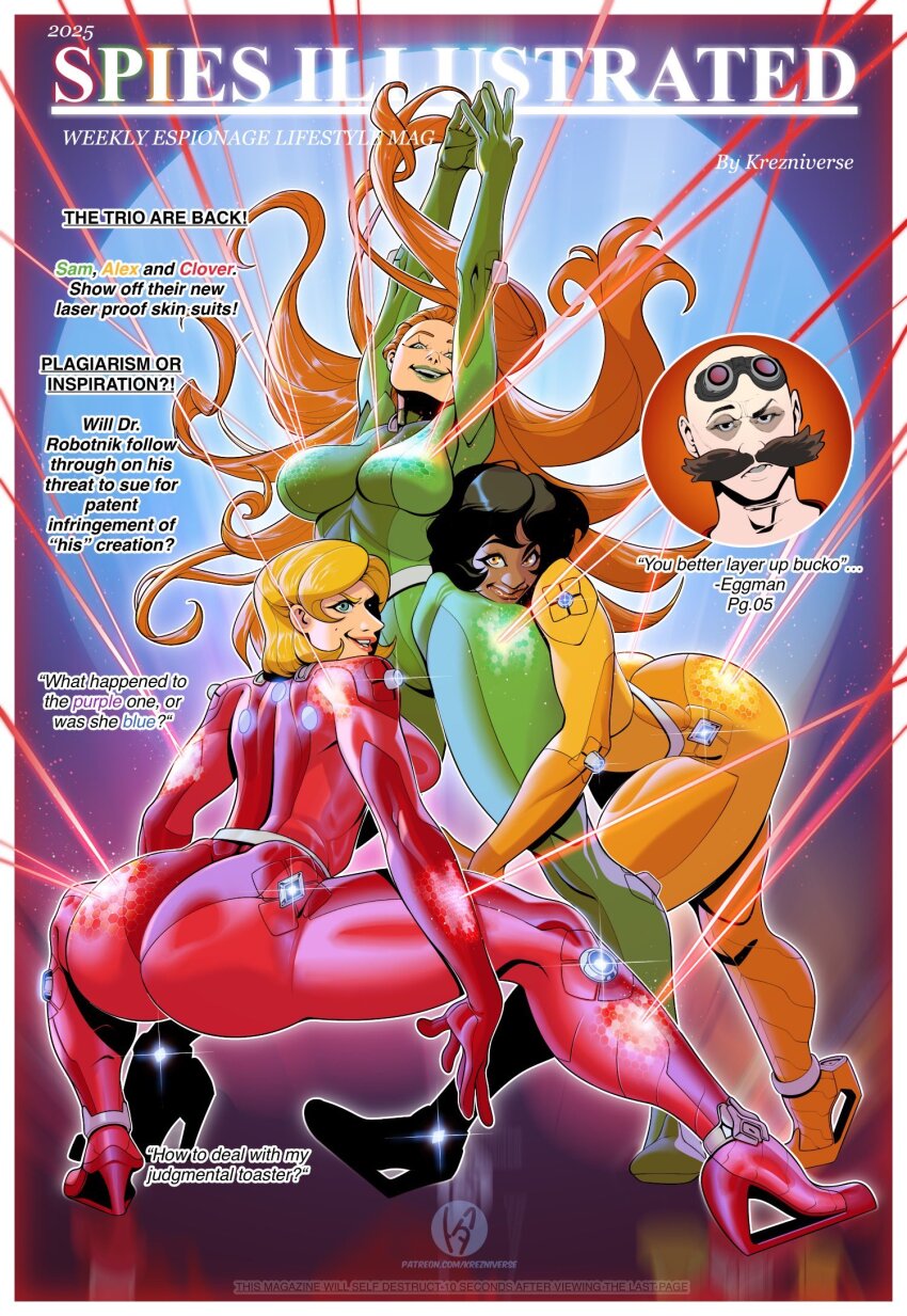 1boy 3girls alex_(totally_spies) ass bald black_hair blonde_hair blue_eyes bodysuit breasts clover_(totally_spies) cover dark-skinned_female dark_skin dr._eggman facial_hair fake_magazine_cover green_bodysuit green_eyes high_heels highres krezniverse large_breasts long_hair looking_at_viewer magazine_cover metal_belt multiple_girls mustache orange_hair red_bodysuit red_hair sam_(totally_spies) short_hair smile sonic_(live_action) sonic_(series) sonic_the_hedgehog_(movie) sonic_the_hedgehog_(movie) thick_thighs thighs totally_spies whoop_catsuit wide_hips yellow_bodysuit
