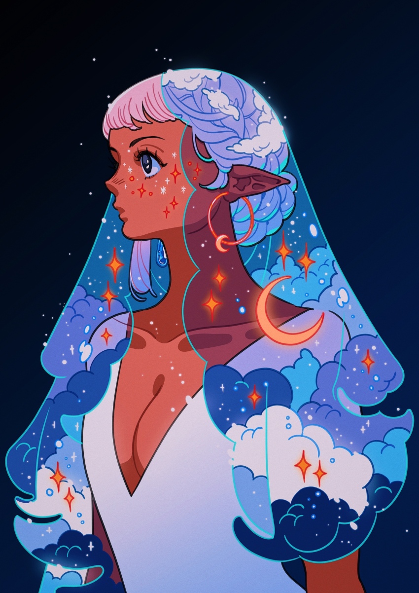 1girl black_background black_eyes blue_background blue_clouds blue_veil blunt_bangs braid braided_bun breasts cleavage cloud_print collarbone commentary crescent_moon dark-skinned_female dark_background dark_skin dress earrings english_commentary glowing hair_bun highres jewelry large_breasts long_hair meyoco moon original parted_lips pink_hair pointy_ears print_veil short_sleeves single_sidelock sky_print solo star_(sky) star_(symbol) star_print upper_body veil white_dress