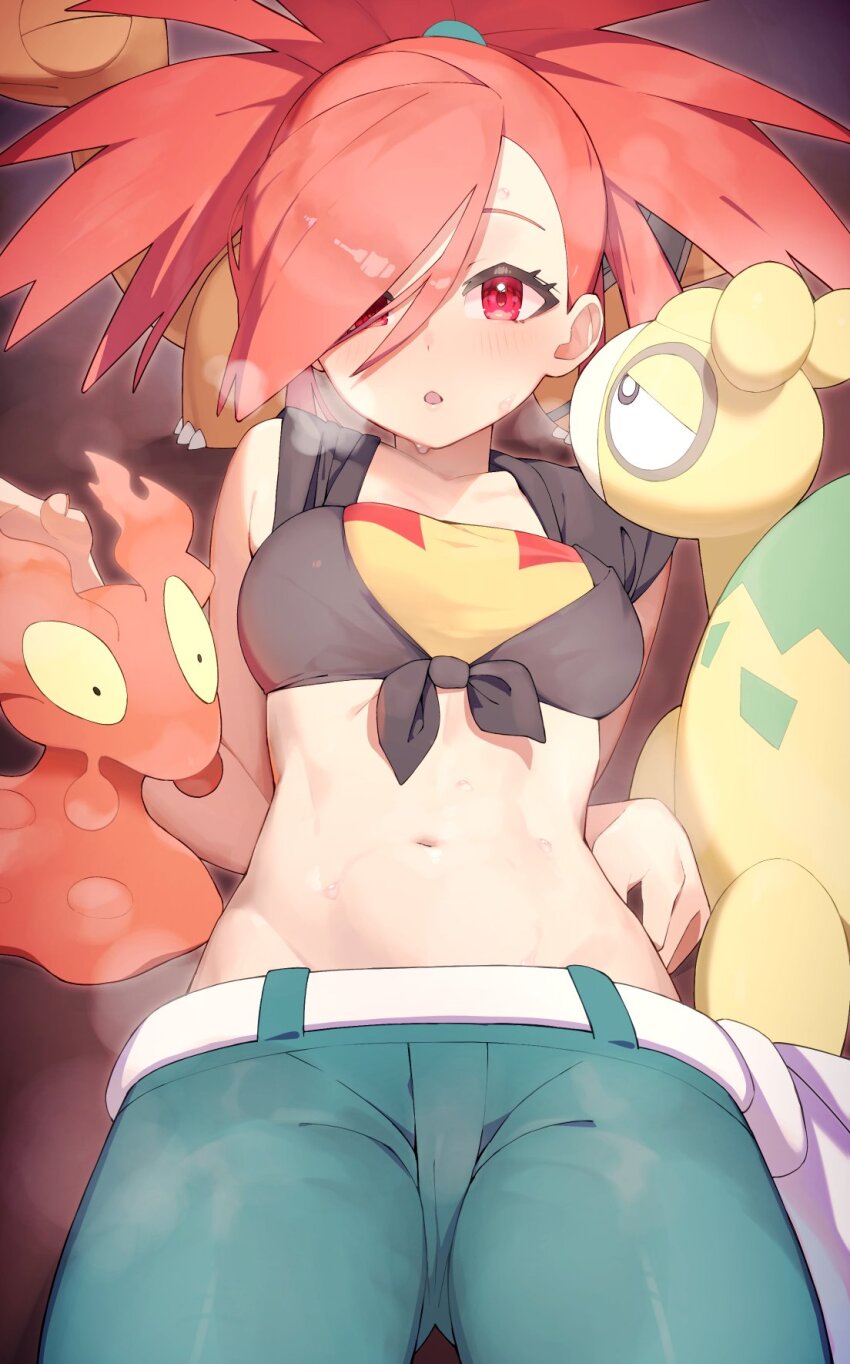 1girl black_shirt blush breath cameltoe flannery_(pokemon) gen_2_pokemon gen_3_pokemon green_pants hair_over_one_eye high_ponytail highres long_hair lowleg lowleg_pants midriff navel nintendo numel pants pokemon pokemon_(creature) pokemon_oras ponytail red_eyes red_hair rindoriko shirt slug slugma solo_focus tied_shirt torkoal