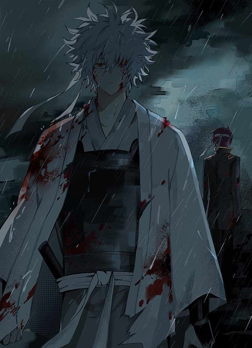 2boys aged_down armor black_coat black_hair blood blood_on_clothes blood_on_face cloud cloudy_sky coat commentary eliorb_yyy gintama haori headband highres japanese_clothes long_sleeves male_focus messy_hair multiple_boys official_alternate_costume outdoors rain red_eyes sakata_gintoki short_hair sky storm sword takasugi_shinsuke torn_clothes weapon white_hair white_haori white_headband wide_sleeves
